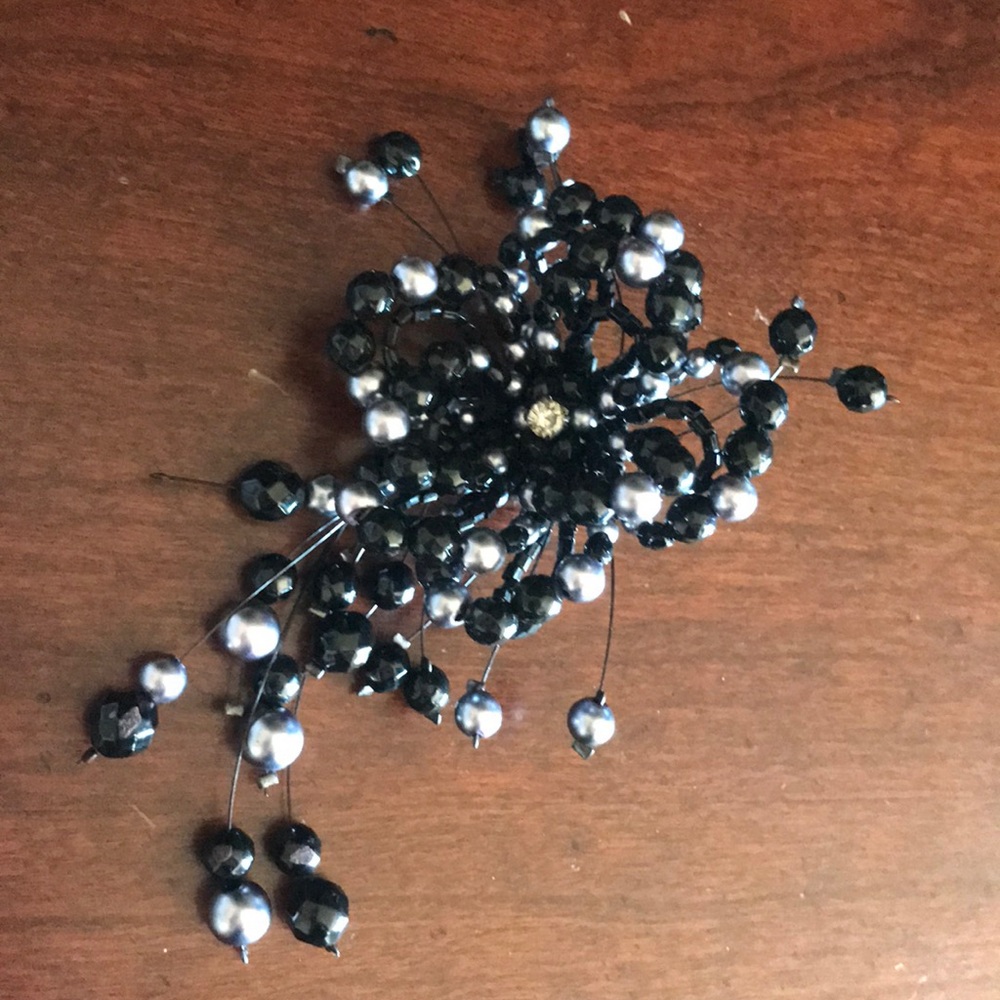Black & silver bead brooch with rhinestone